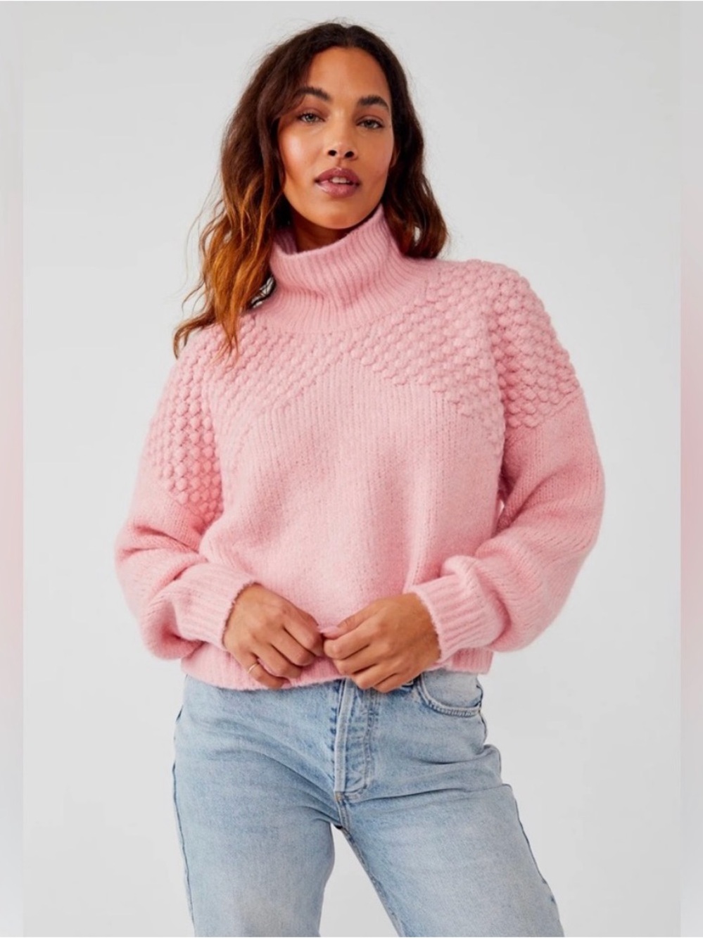 Free People Blush Pink Bubble-Stitch Turtleneck Sweater